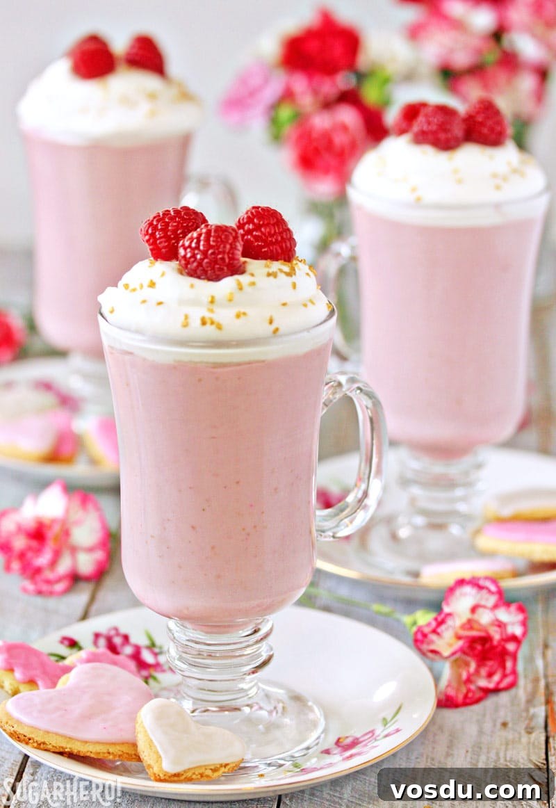 Raspberry White Hot Chocolate is a pretty pink twist on traditional hot chocolate! It's made with white chocolate and real raspberry puree, for a fresh, fruity taste that is perfect year-round! | From SugarHero.com Raspberry White Hot Chocolate - Three separate glasses with hot chocolate and raspberries on top | From SugarHero.com