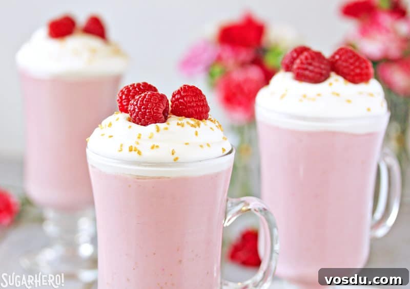 Raspberry White Hot Chocolate is a pretty pink twist on traditional hot chocolate! It's made with white chocolate and real raspberry puree, for a fresh, fruity taste that is perfect year-round! | From SugarHero.com Raspberry White Hot Chocolate - Three separate glasses of hot chocolate and raspberries on top | From SugarHero.com