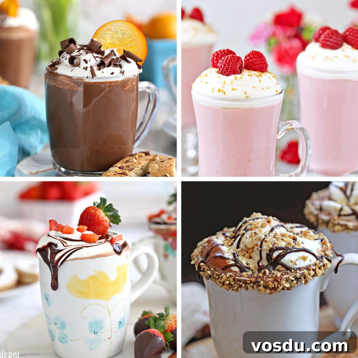 Decadent Raspberry White Hot Chocolate Recipe 5 Four photo collage of hot chocolate pictures.