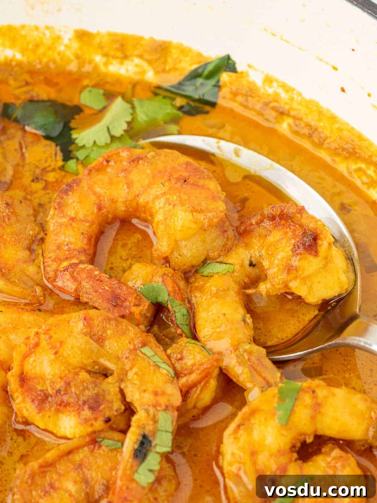 Thai Coconut Shrimp Curry Recipe — Creamy Coconut Prawn Curry 7 A spoon lifts two pieces of shrimp from a pot of red curry sauce.