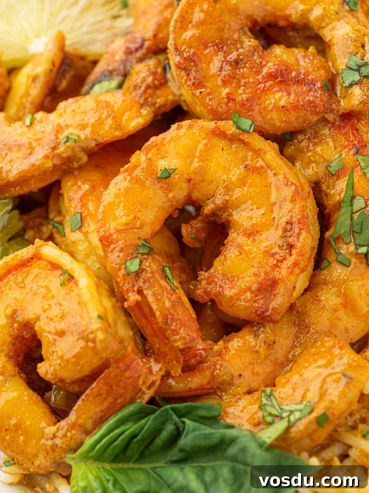 Thai Coconut Shrimp Curry Recipe — Creamy Coconut Prawn Curry 8 Closeup of shrimp garnished with basil.