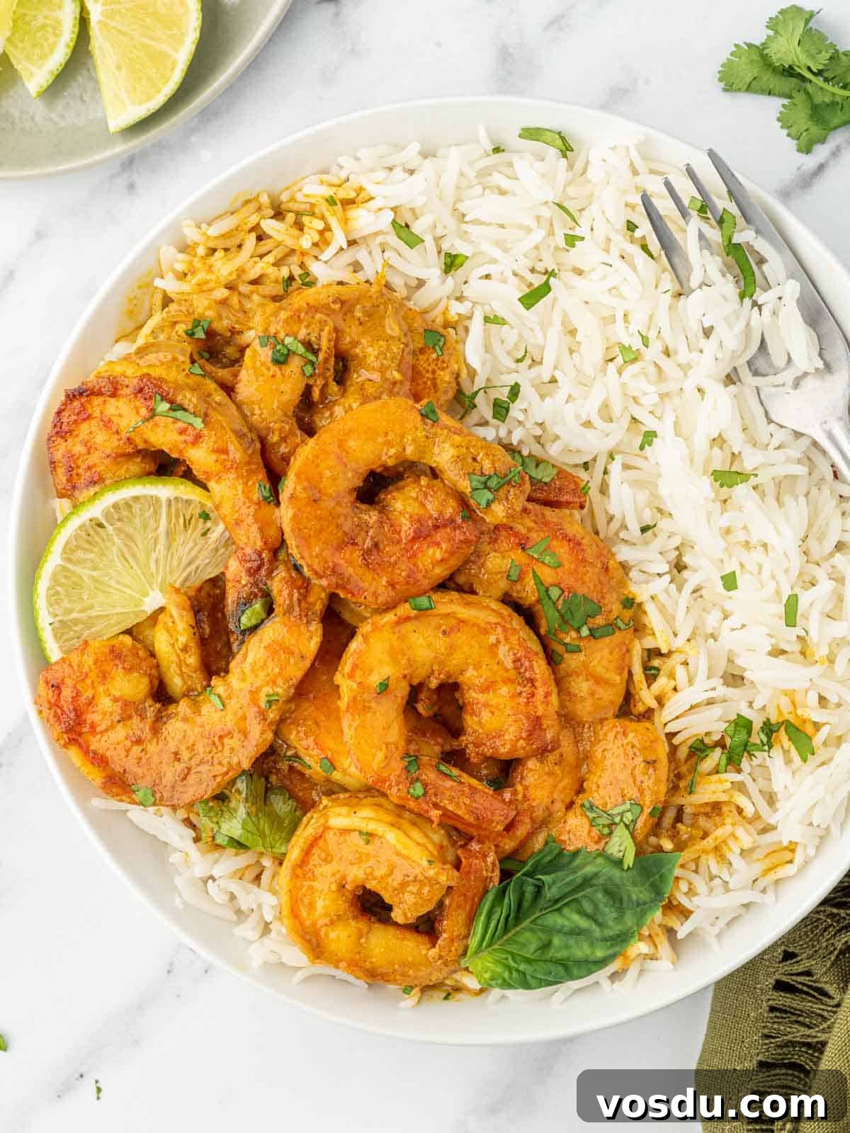 Thai Coconut Shrimp Curry Recipe — Creamy Coconut Prawn Curry 9 Shrimp on a plate with white rice.