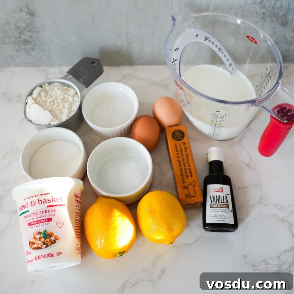 Ingredients for lemon ricotta pancakes.