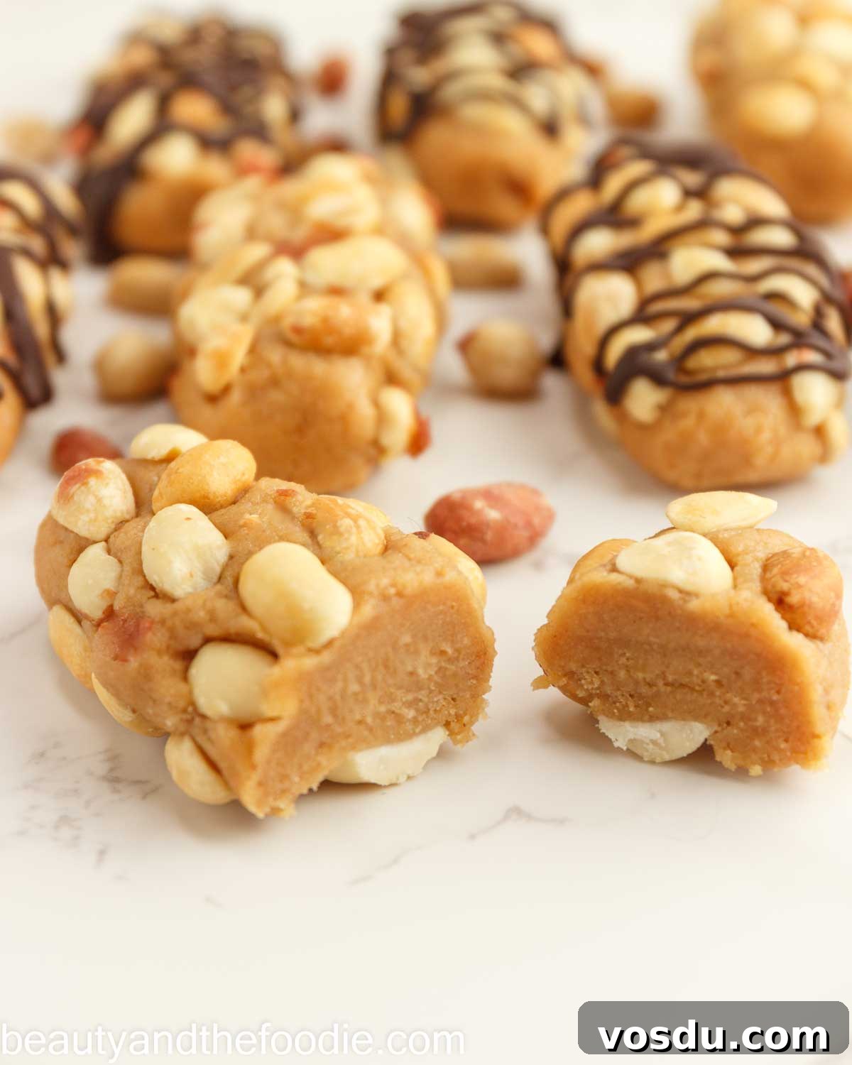 Keto Payday Candy Bar Recipe: Low-Carb Payday-Style Treat 2 A keto payday bar with peanuts cut in half.
