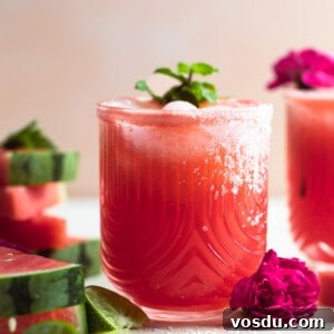 Glass with watermelon margarita garnished with a sprig of mint and salt on the rim.