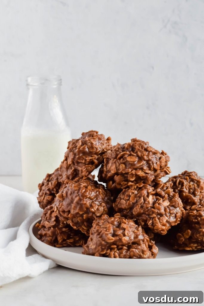 Readers' Top 10 Favorite Recipes of 2022 5 Pile of No Bake Chocolate Oatmeal Cookies without Peanut Butter on a plate with a jug of milk in the background