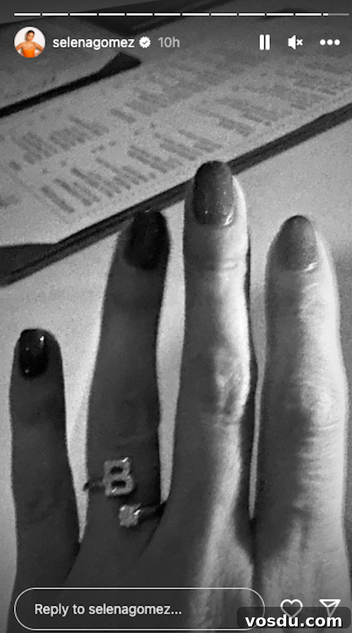 Selena Gomez Confirms She’s in a New Relationship 7 Ring with the letter B on Selena's finger