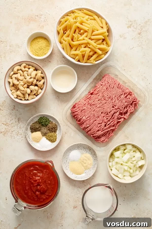 Dairy-Free Baked Ziti with Creamy Cashew Sauce 3 Ingredients for baked ziti in small bowls.