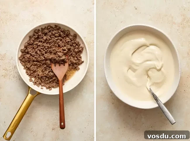 Dairy-Free Baked Ziti with Creamy Cashew Sauce 4 Ground beef cooked in a skillet and then cashew ricotta in a small bowl.