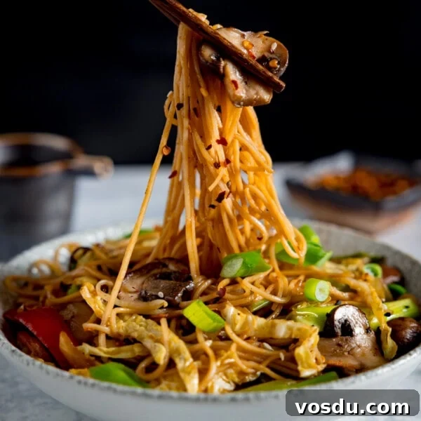 Creamy Mushroom Pasta Recipe with Garlic and Parmesan 11 A close-up image of mushroom chow mein in a grey bowl