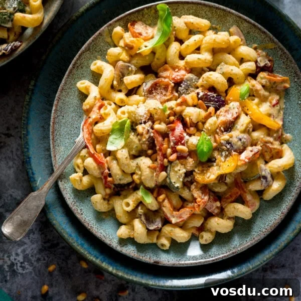 Creamy Mushroom Pasta Recipe with Garlic and Parmesan 9 A square overhead image of roasted vegetable pesto pasta