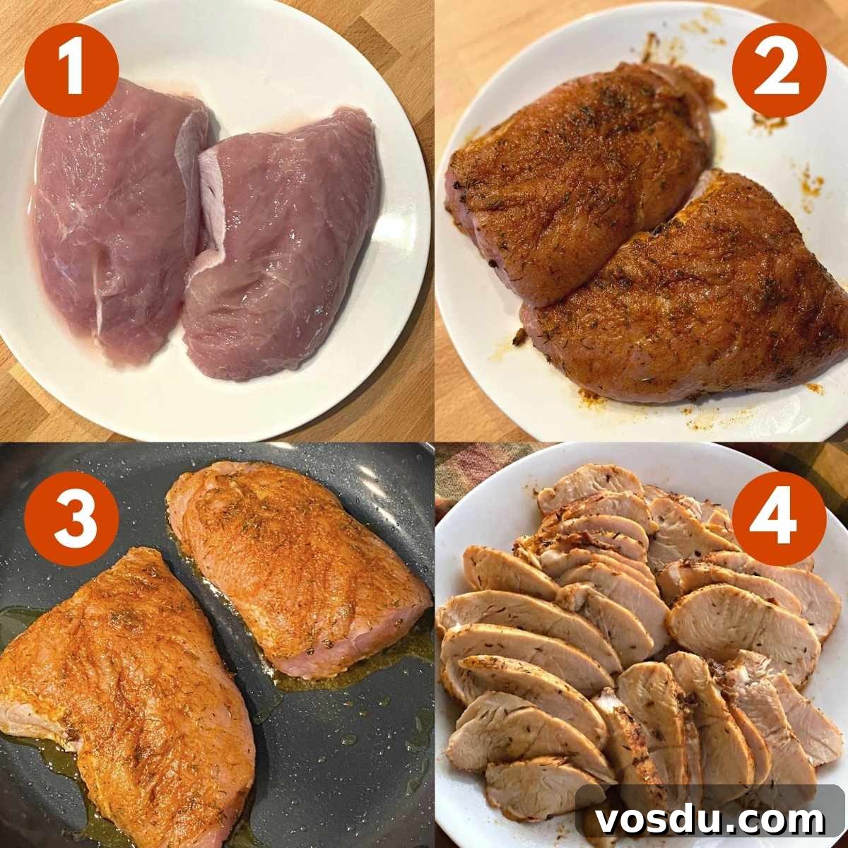 Juicy Oven-Baked Turkey Tenderloin with Herb Garlic Crust 3 Numbered collage of pictures to make the recipe. 1) Turkey tenderloins on a plate 2) Turkey tenderloins coated with spice rub 3) Turkey seared in a skillet 4) Slices of turkey on a plate.