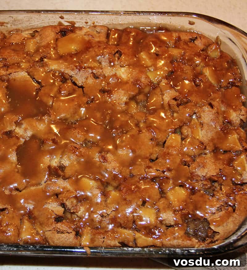 Decadent Caramel Apple Cake Recipe with Brown Sugar Glaze 6 Caramel Apple Cake baked in dish