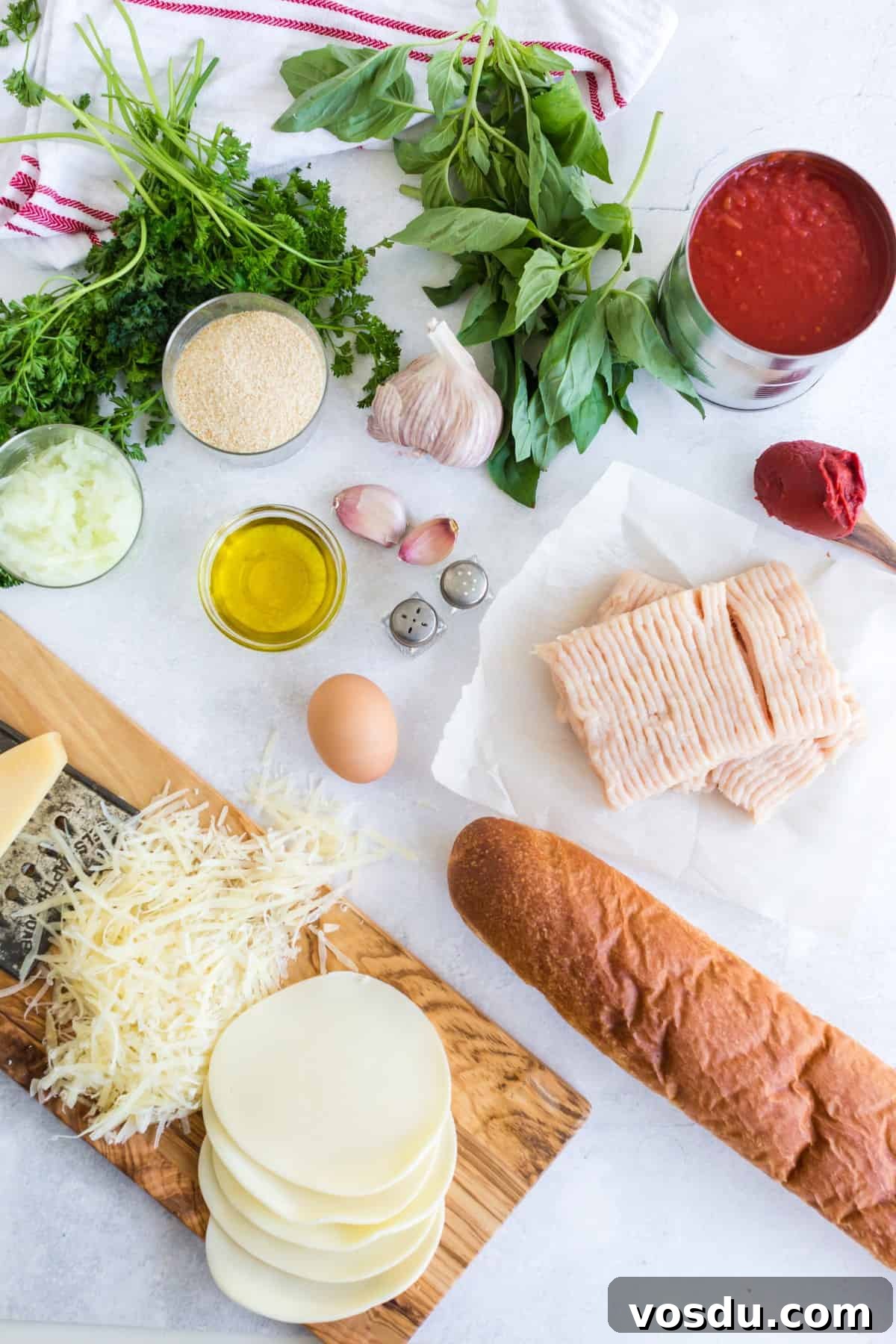 Cheesy Chicken Meatball Casserole with Tomato Basil Sauce 4 The ingredients for a chicken meatball sub casserole