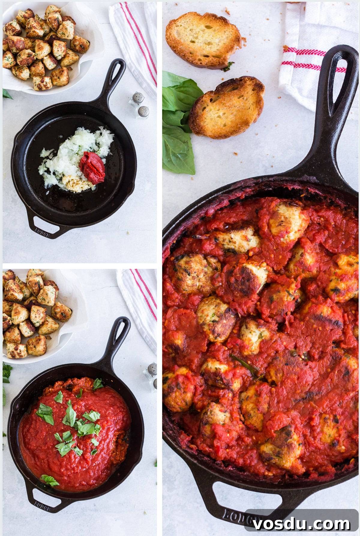 Cheesy Chicken Meatball Casserole with Tomato Basil Sauce 8 Meatball sub casserole in a cast iron skillet