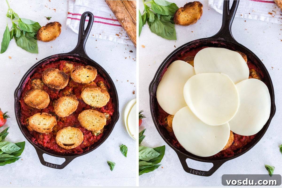 Cheesy Chicken Meatball Casserole with Tomato Basil Sauce 9 Skillet with meatballs and sauce with cheese