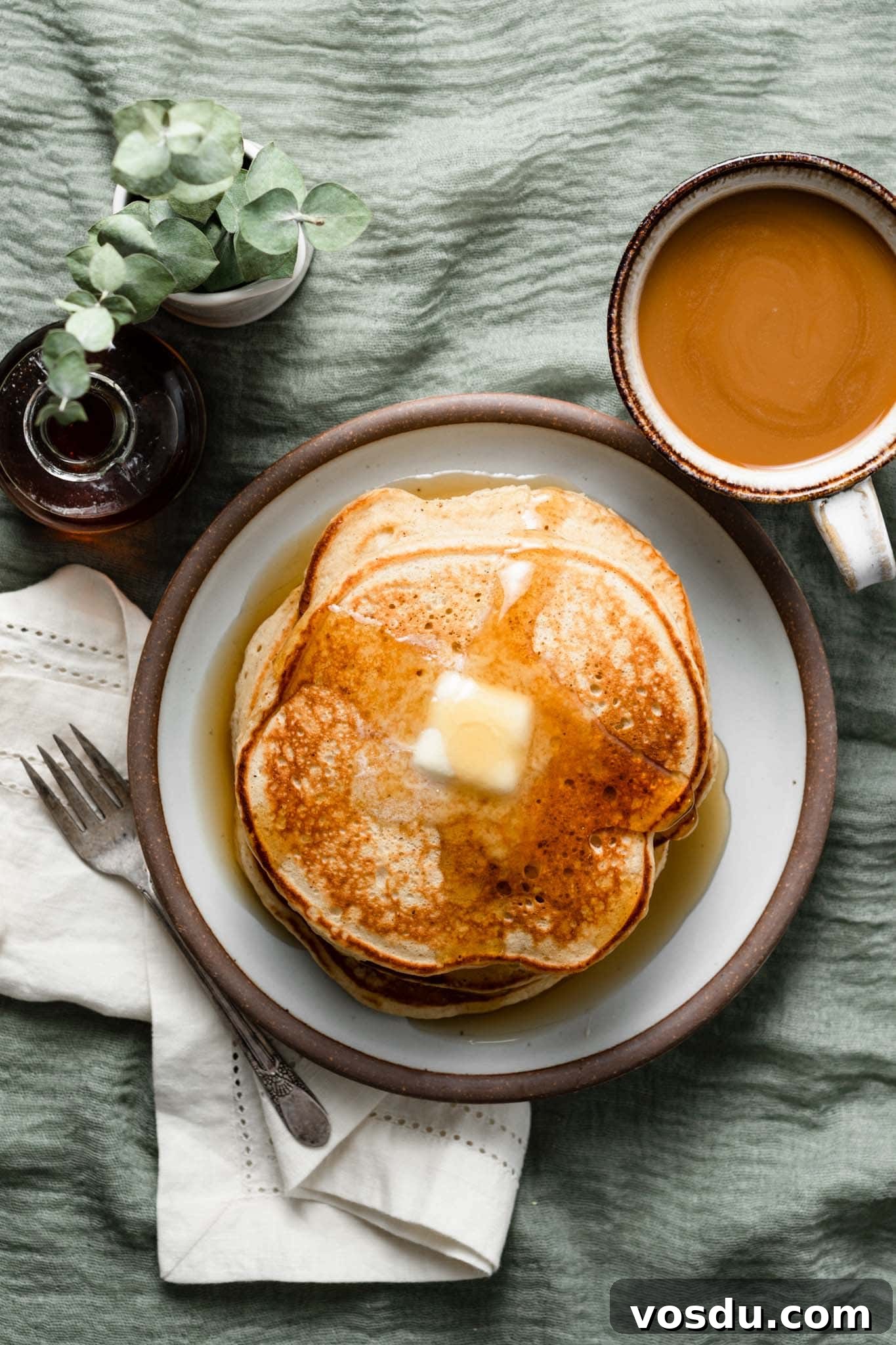Breakfast pancakes made with eggnog, cinnamon, and nutmeg
