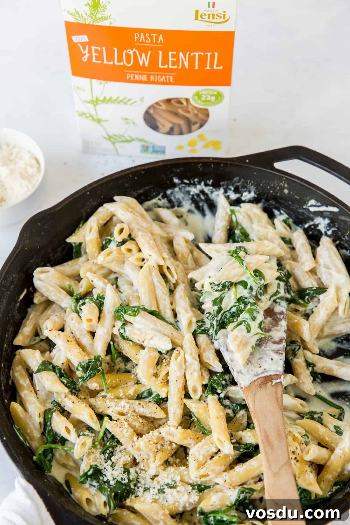 Creamy Spinach and Ricotta Pasta Recipe 2 a skillet with spinach and ricotta pasta