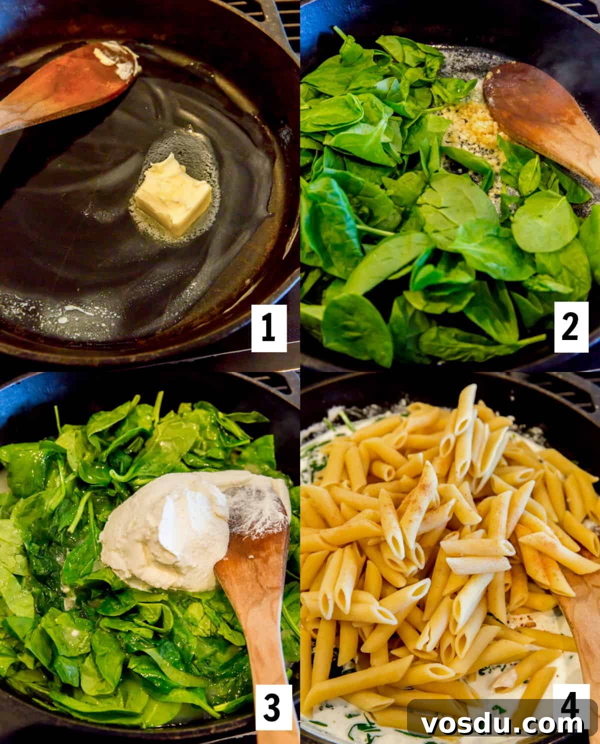 Creamy Spinach and Ricotta Pasta Recipe 4 cooking spinach and ricotta pasta on the stove in a skillet