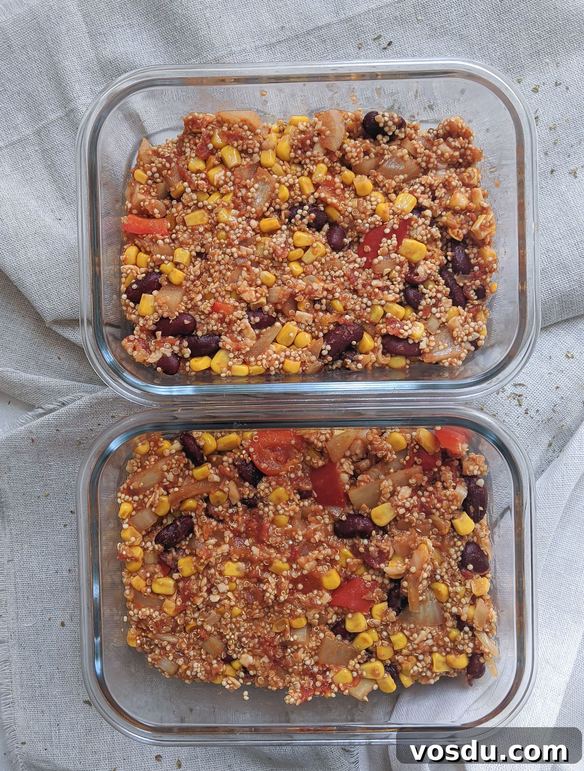 Mexican Red Bean and Quinoa Casserole for Meal Prep 3 two meal prep containers with quinoa casserole