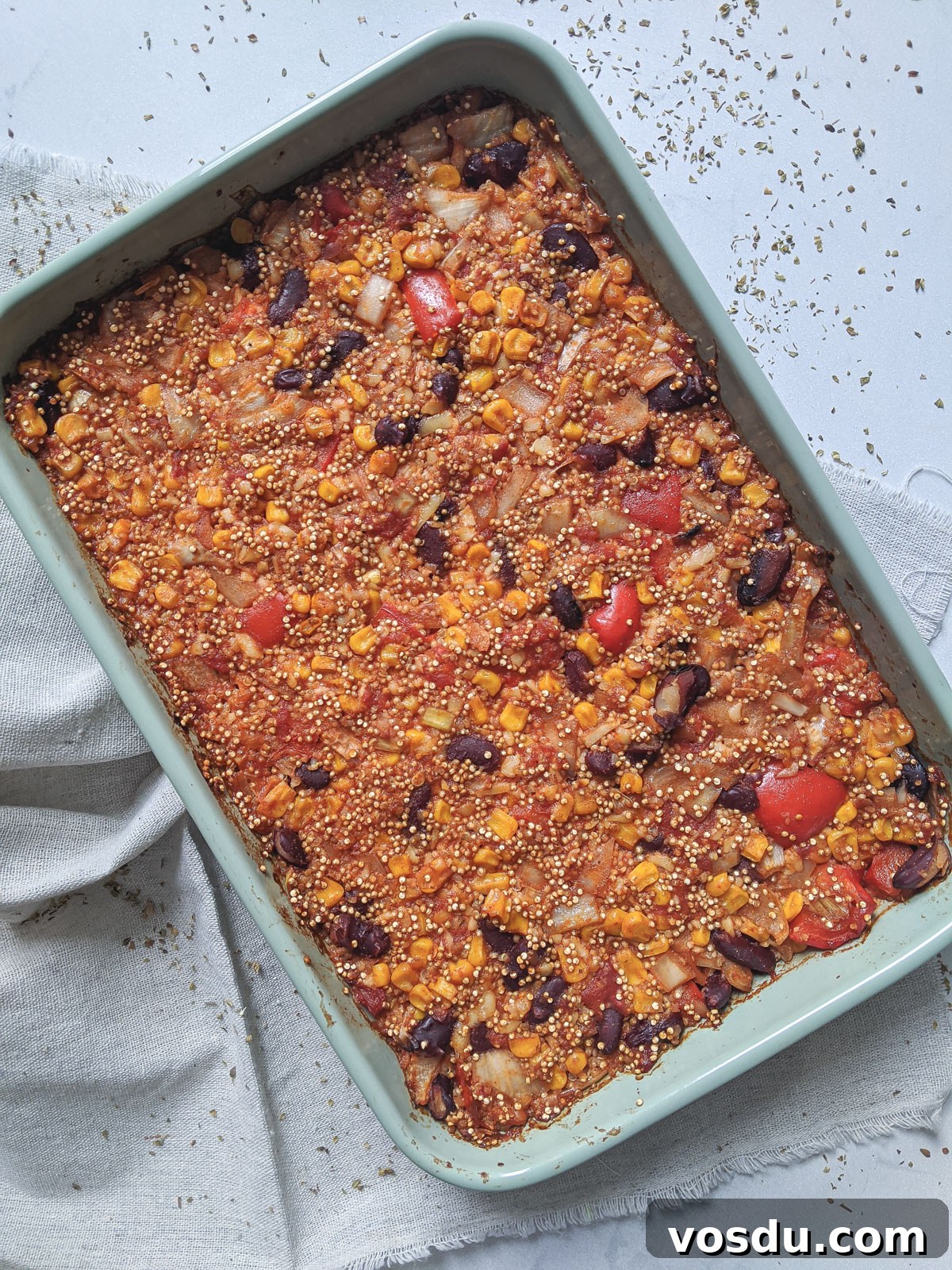 Mexican Red Bean and Quinoa Casserole for Meal Prep 7 top view of casserole cooked in large dish