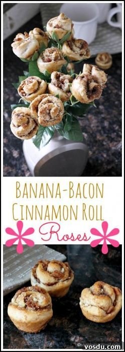 Banana Bacon Cinnamon Roll Roses: Sweet Savory Pastry Blossoms 2 Banana Bacon Cinnamon Roll Roses recipe - special easy breakfast treat for the best Father's Day! SnappyGourmet.com