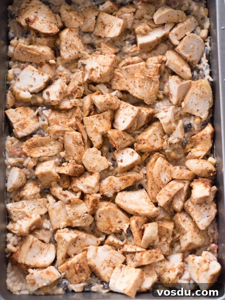Seasoned chicken added over the rice mixture in a baking dish.
