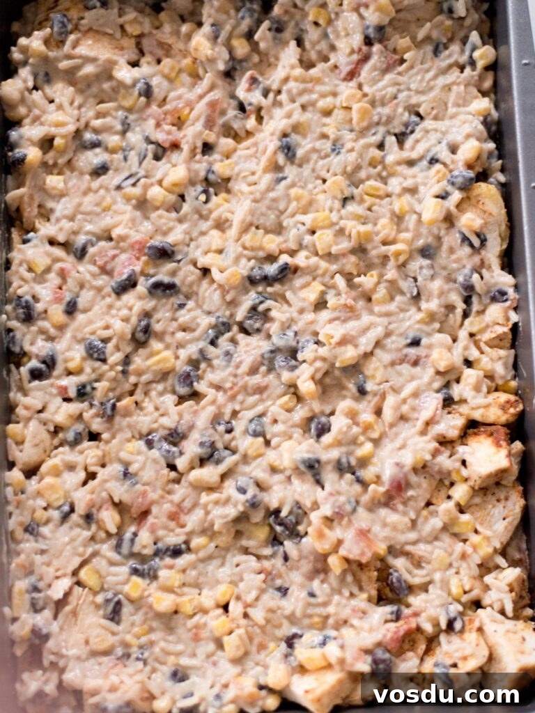 Final layer of rice mixture added over the seasoned chicken.