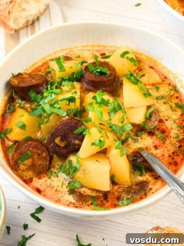 A bowl of chorizo and potato soup