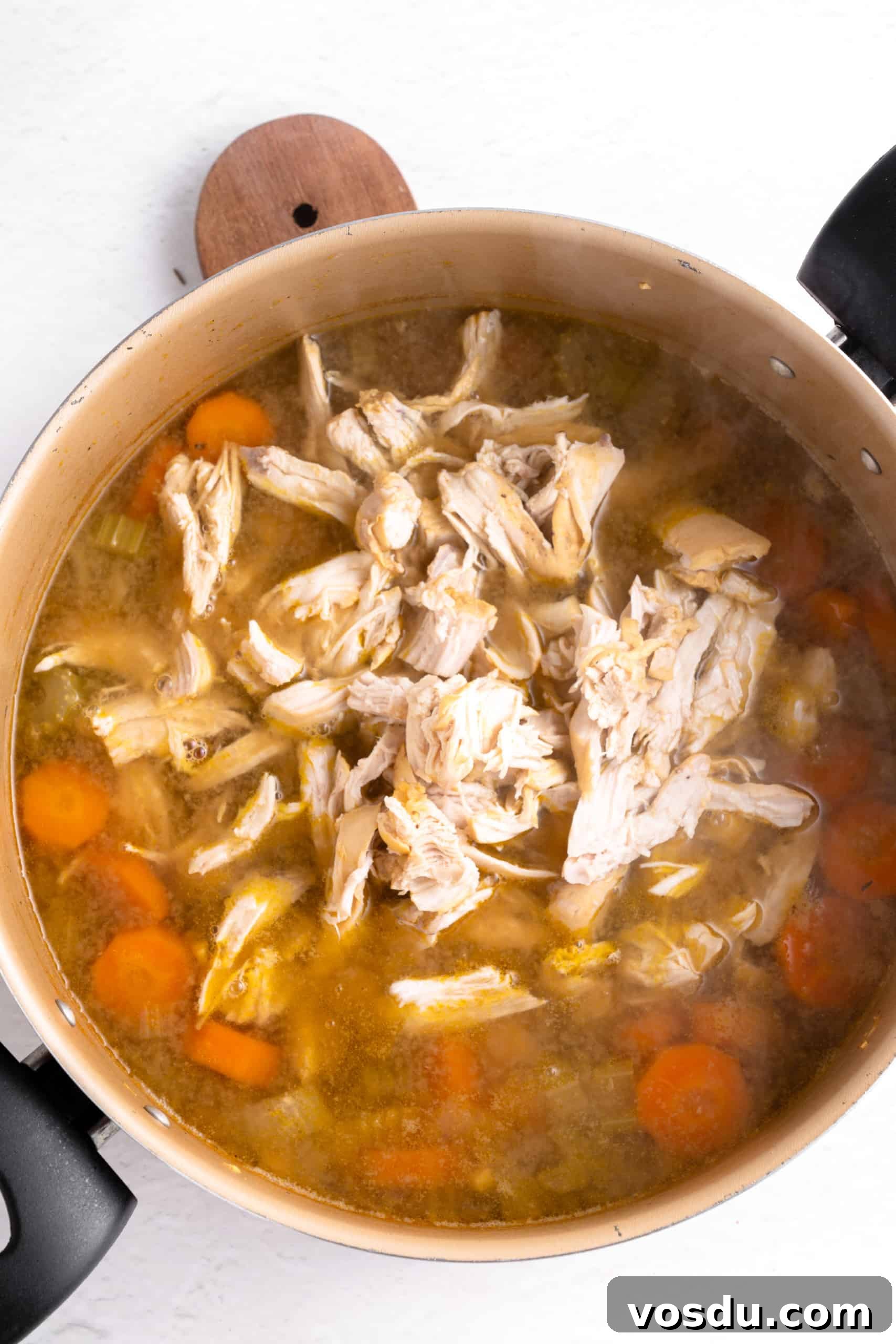 Gluten-Free Chicken Noodle Soup (Dairy-Free) Shredded chicken in a bowl of soup.