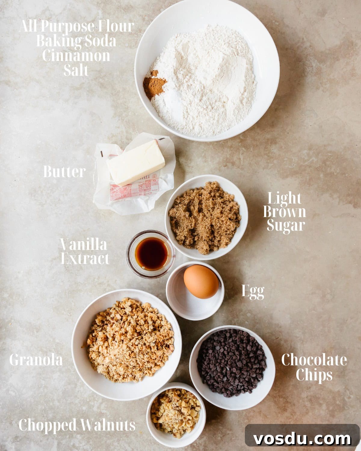 Crunchy Granola Cookie Recipe with Oats and Honey 3 Dry Ingredients: Gather all purpose flour, baking soda, cinnamon and salt.
Wet Ingredients: Gather unsalted butter, light brown sugar, an egg, vanilla extract, granola, chopped nuts and mini chocolate chips.