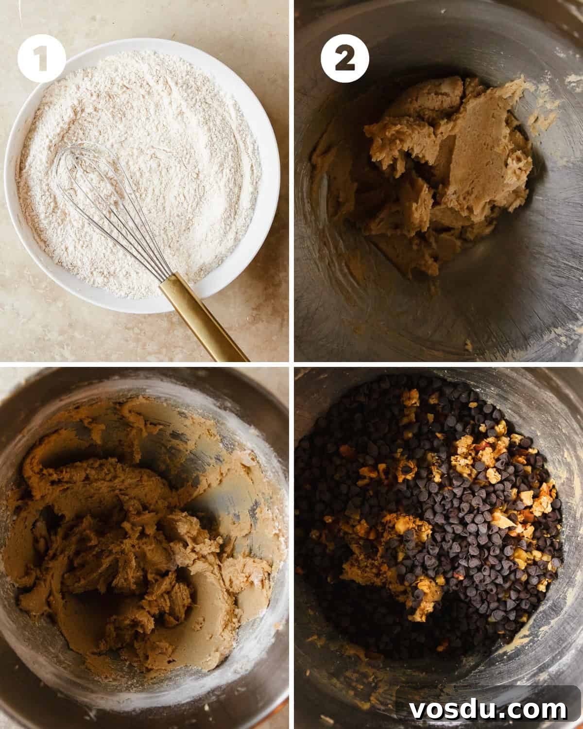 Crunchy Granola Cookie Recipe with Oats and Honey 4 In a mixing bowl whisk together the flour, baking soda, cinnamon and salt until well combined. Set aside for now.
Add the cubes of cold butter and light brown sugar into a large mixing bowl fitted with a paddle attachment. Mix the butter and sugar on medium speed for 3- 4 minutes or until the butter and sugars are well combined. On low, cream in the egg and vanilla extract until smooth and well combined. With the mixer on low, add the dry ingredients into the wet a little at a time. Mix until just combined. With the mixer on low, mix in the granola, nuts and mini chocolate chips.
