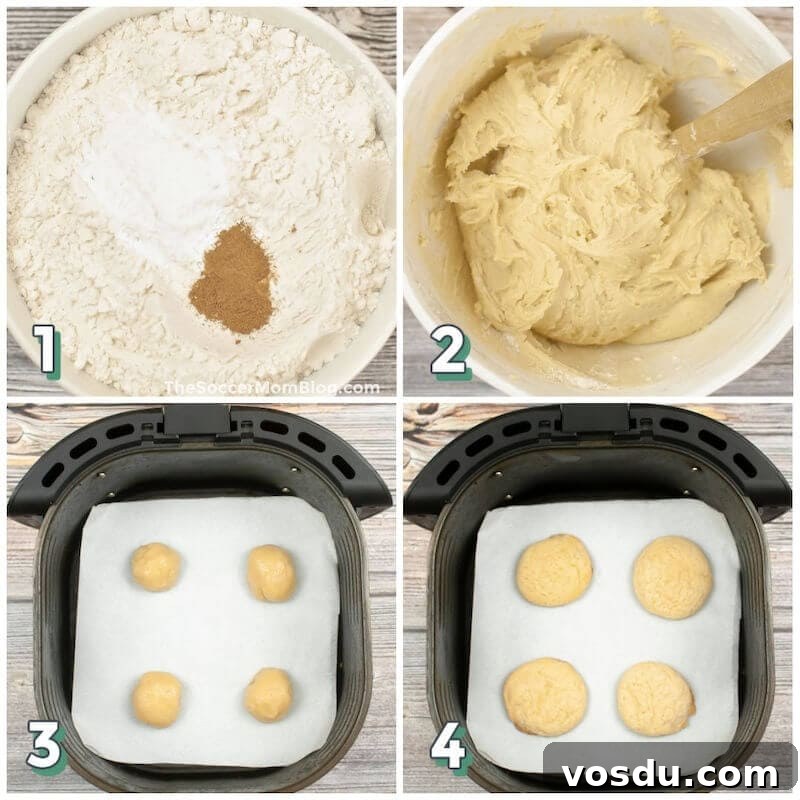 Air Fryer Eggnog Cookies Recipe for Holiday Baking 5 4 step photo collage showing how to make eggnog cookies in an air fryer