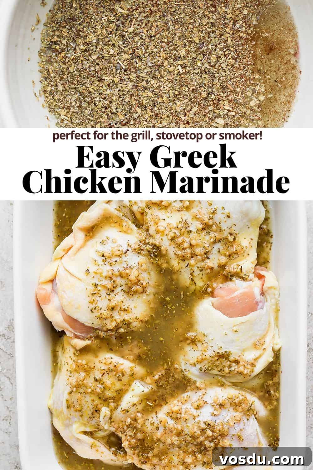 Greek-Style Chicken Marinade for Juicy, Flavorful Grilled Chicken 9 Pinterest image showing a photo of the marinade ingredients in a bowl, the recipe title, and chicken marinating in the greek marinade.