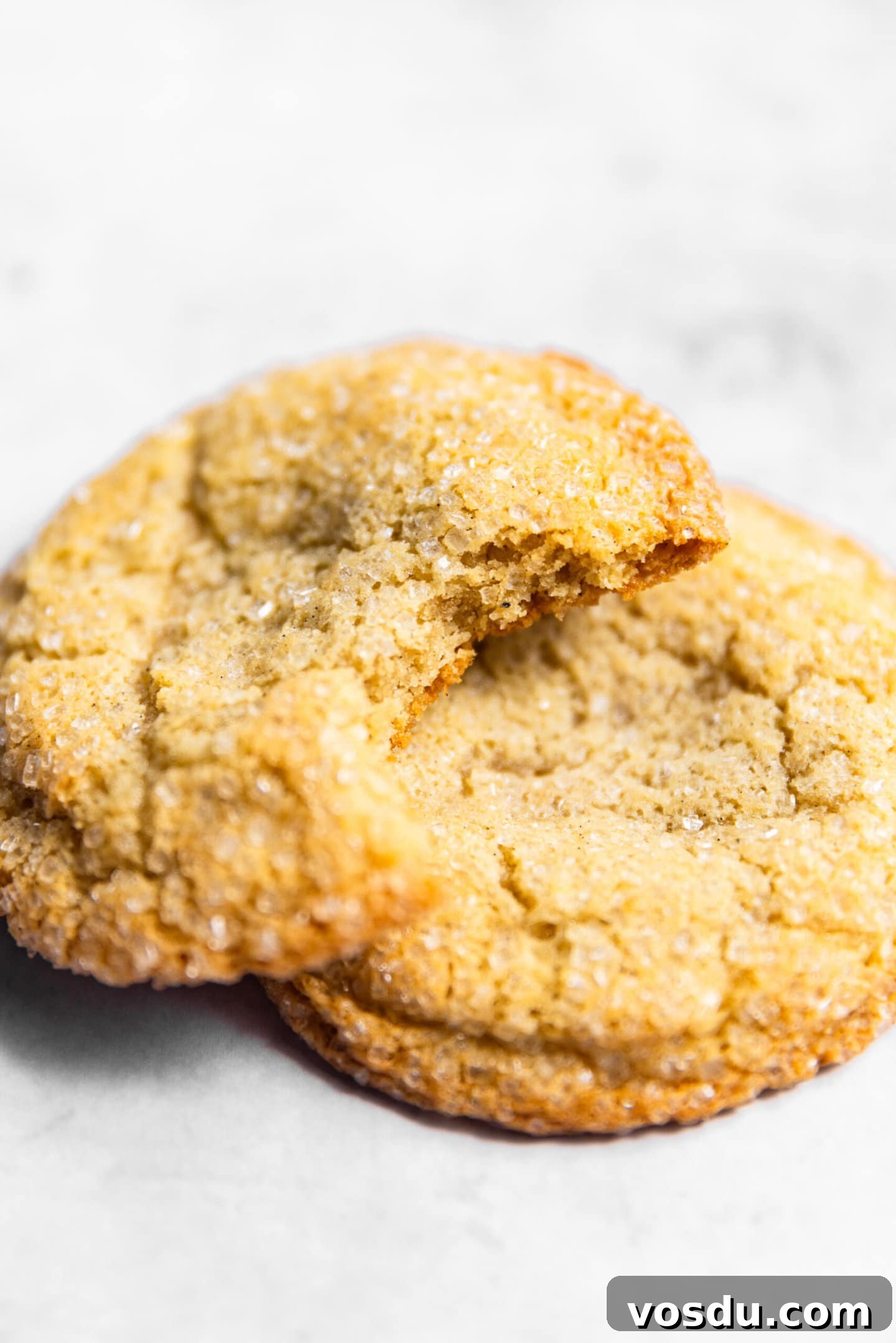 Simple Drop-Style Vanilla Sugar Cookies for Homemade Treats 4 Close up of vanilla sugar cookie with a bite missing showing soft and chewy cookie interior.