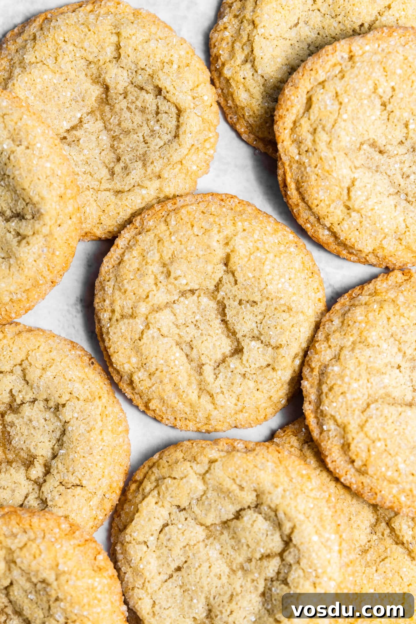 Simple Drop-Style Vanilla Sugar Cookies for Homemade Treats 9 Freshly baked drop style sugar cookies spread on a marble countertop.