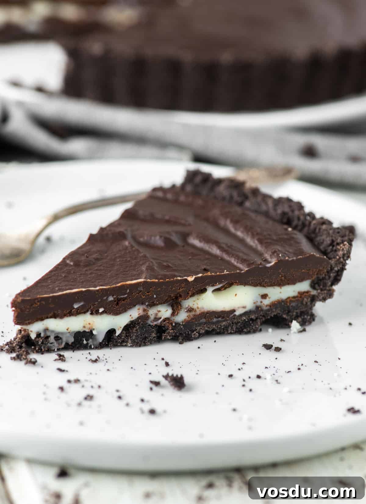 Decadent Oreo Cookie Tart Recipe 2 Slice of Oreo tart on white plate with fork.