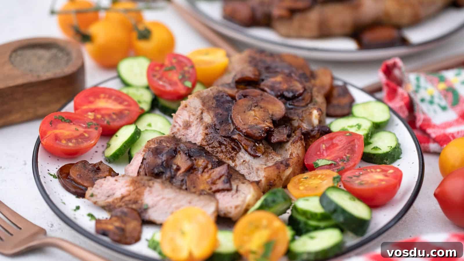 Irresistible grilled steak with mushrooms served alongside a fresh tomato and cucumber salad.