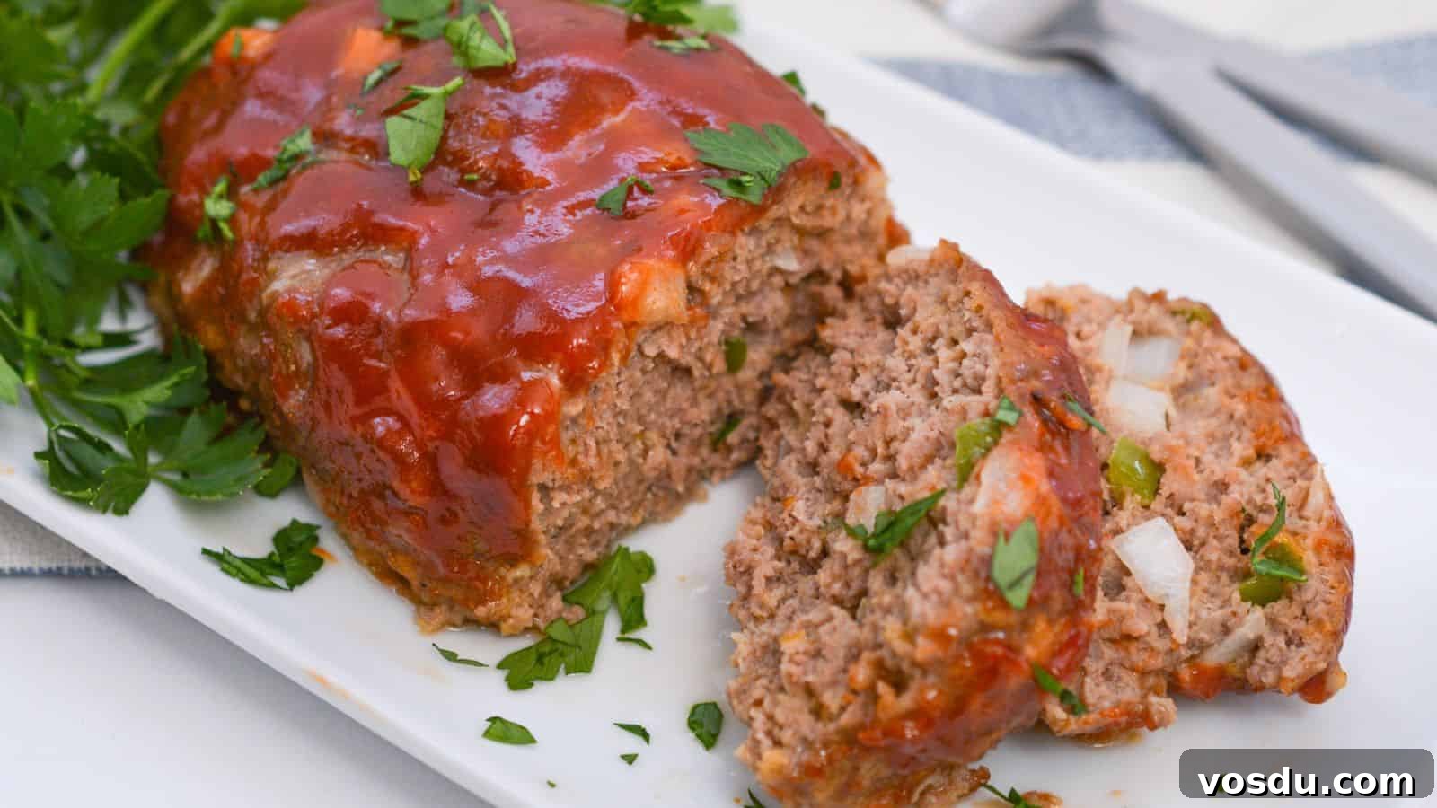 Sliced meatloaf garnished with parsley on a white plate.