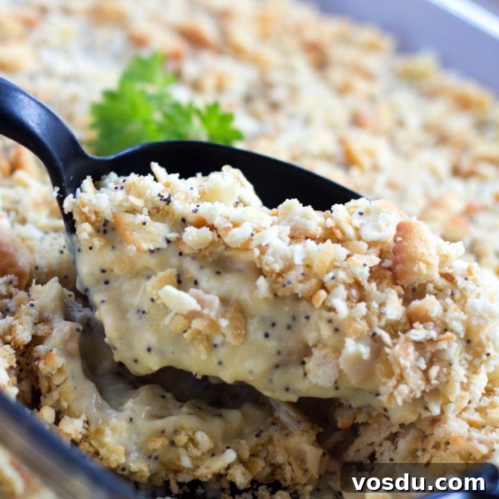 15 Quick Rotisserie Chicken Dinners for Busy Weeknights 12 A black spoon is scooping Poppy Seed Chicken Casserole out of a clear glass casserole dish.