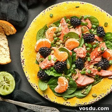 Salmon, Spinach & Mandarin Orange Salad Recipe for Fresh Lunch 3 A plate of food, with Salad and Salmon