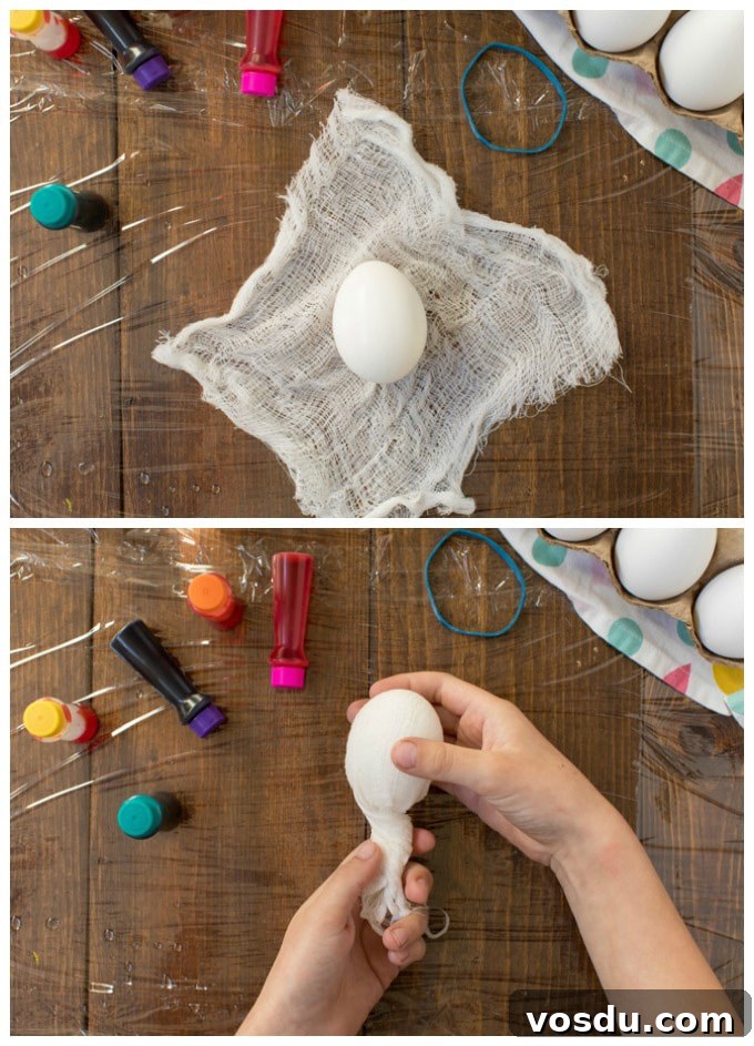 Tie-Dyed Easter Eggs: Step-by-Step Guide for Vibrant Colors 3 placing boiled egg in cheesecloth