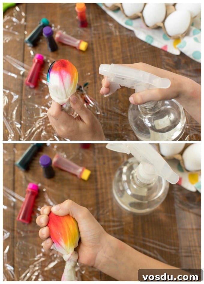Tie-Dyed Easter Eggs: Step-by-Step Guide for Vibrant Colors 5 spraying egg with water
