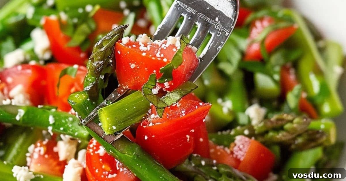 Chilled Asparagus and Tomato Salad with Lemon Vinaigrette 2 A close-up of a fork holding Cold Asparagus Salad with asparagus spears, diced tomatoes, chopped herbs, and crumbled cheese.