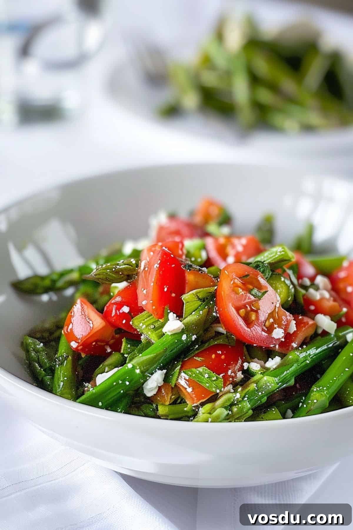 Chilled Asparagus and Tomato Salad with Lemon Vinaigrette 3 A white bowl filled with the delicious finished dish.