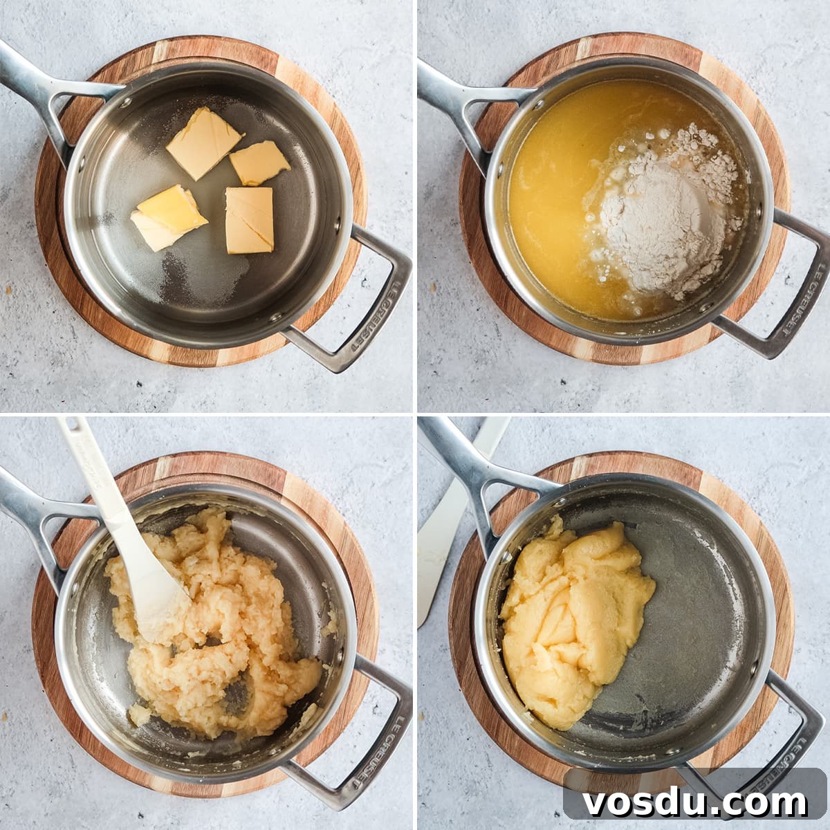 Classic French Profiteroles with Rich Chocolate Sauce 5 Making choux pastry process collage: making the choux pastry in the pan.