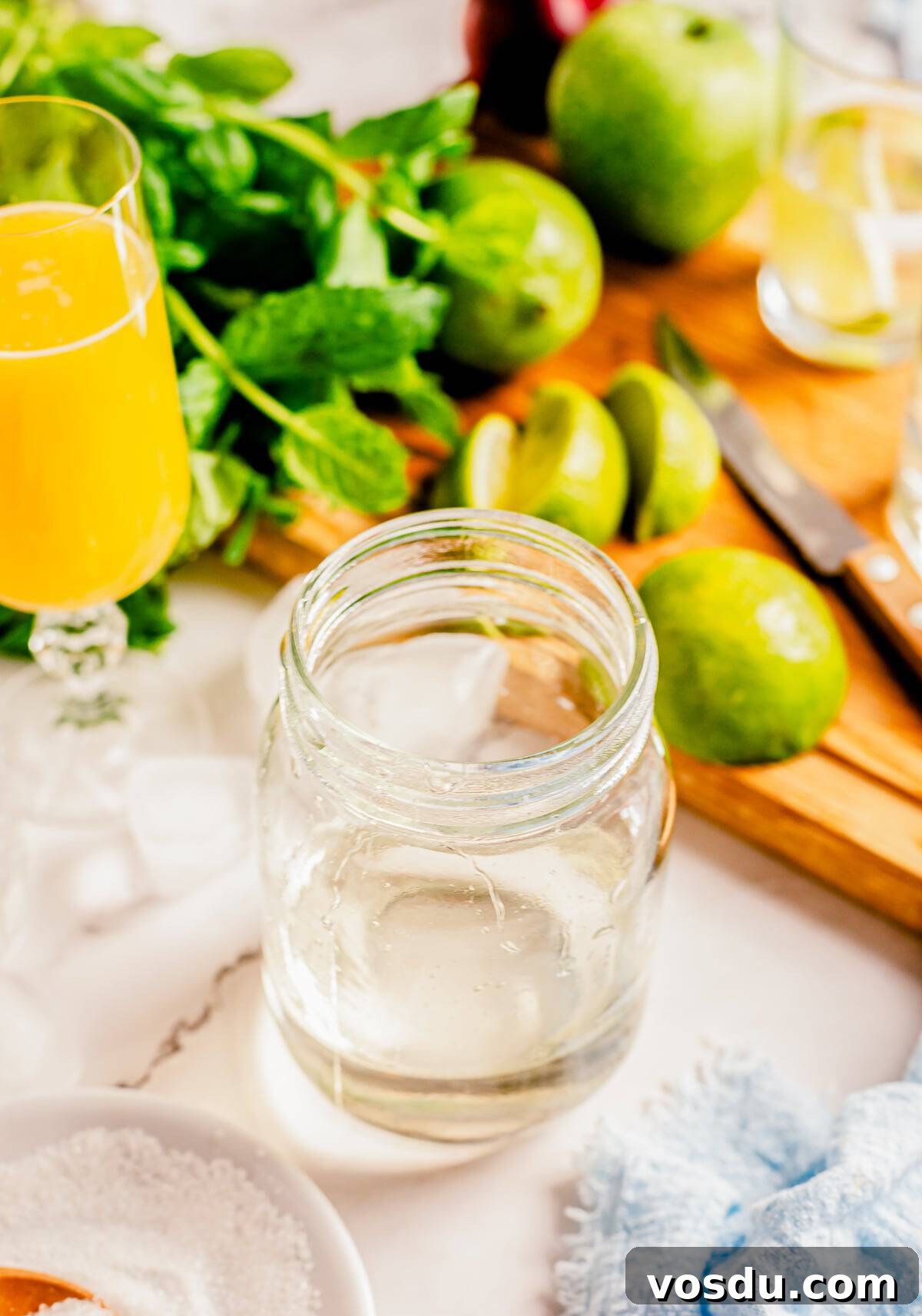 Mason jar with simple syrup, mimosa, limes and mint in the background
