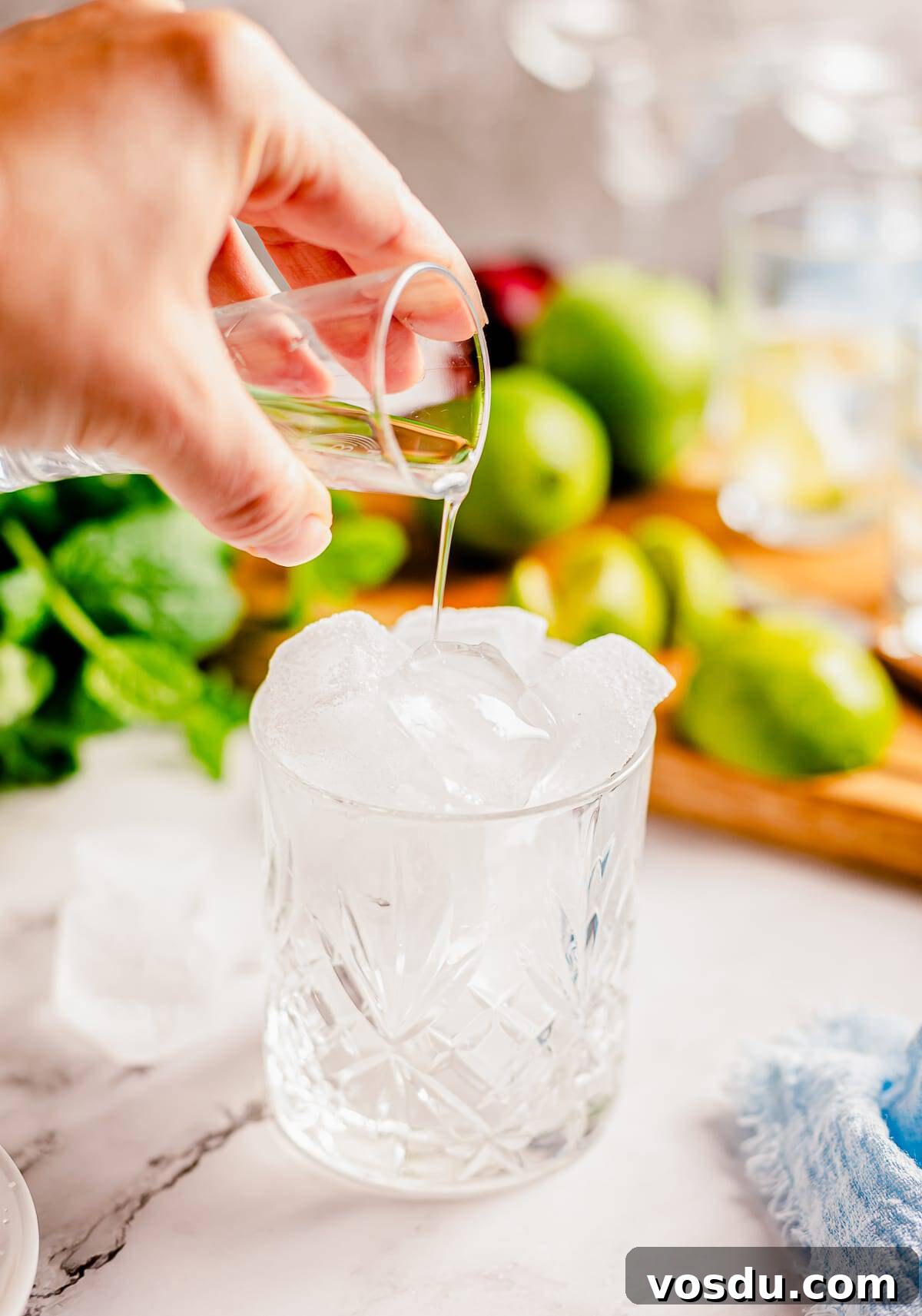 Simple syrup being poured into a glass of ice with limes and mint in the background
