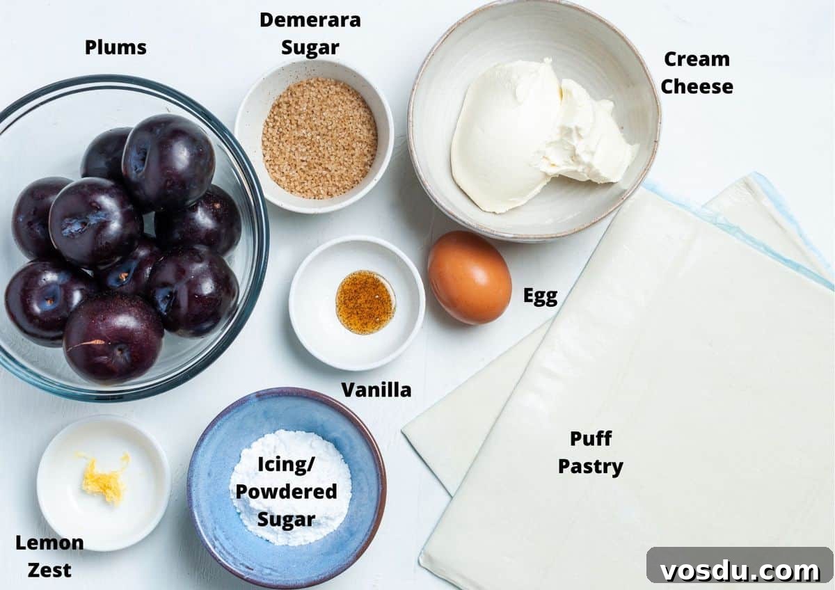 Mini Plum Tarts Recipe: Bite-Sized Homemade Fruit Pastries 3 ingredients in this recipe on a white background.