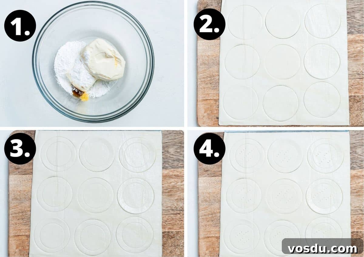 Mini Plum Tarts Recipe: Bite-Sized Homemade Fruit Pastries 4 The first four steps to make this recipe in a collage - preparing the cream cheese mixture, and cutting out the pastry and scoring it.